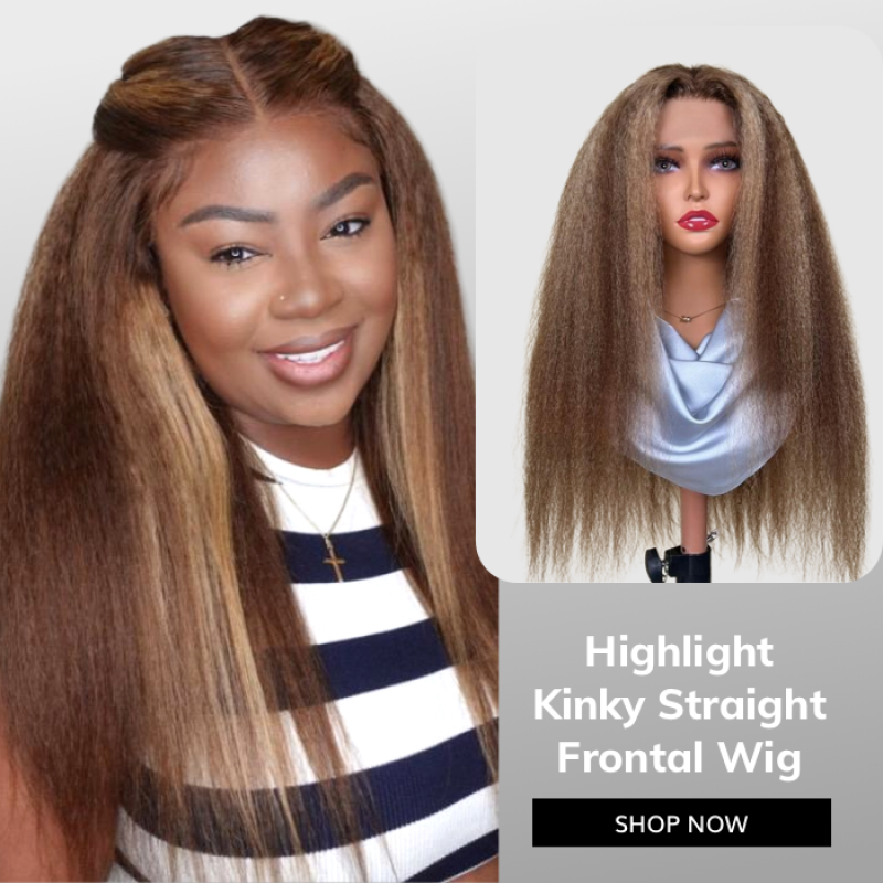 Julia Hair Kinky Straight Honey Blonde Highlight Colored Wig Pre Plucked Lace Frontal Wigs