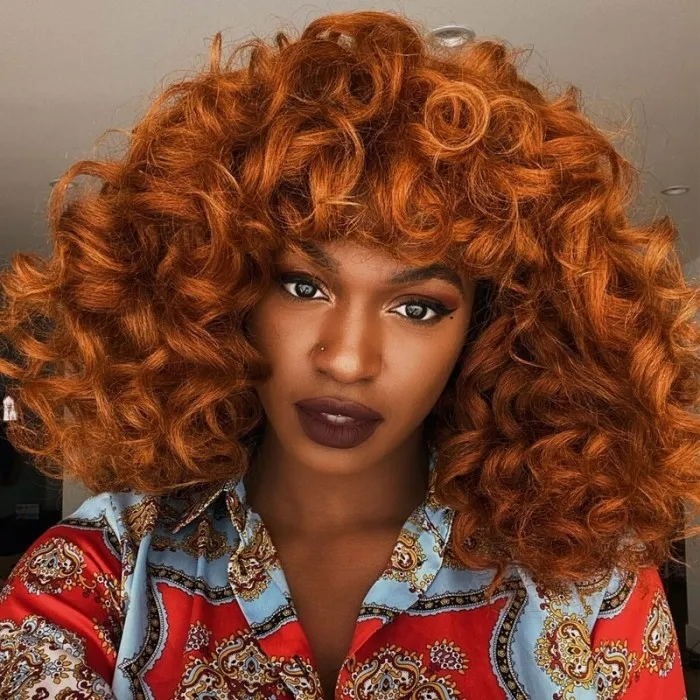 Glueless Short Pix Cut Bob Wigs Bouncy Curls With Bangs Soft & Natrual Wig Ginger Fall Color Wig