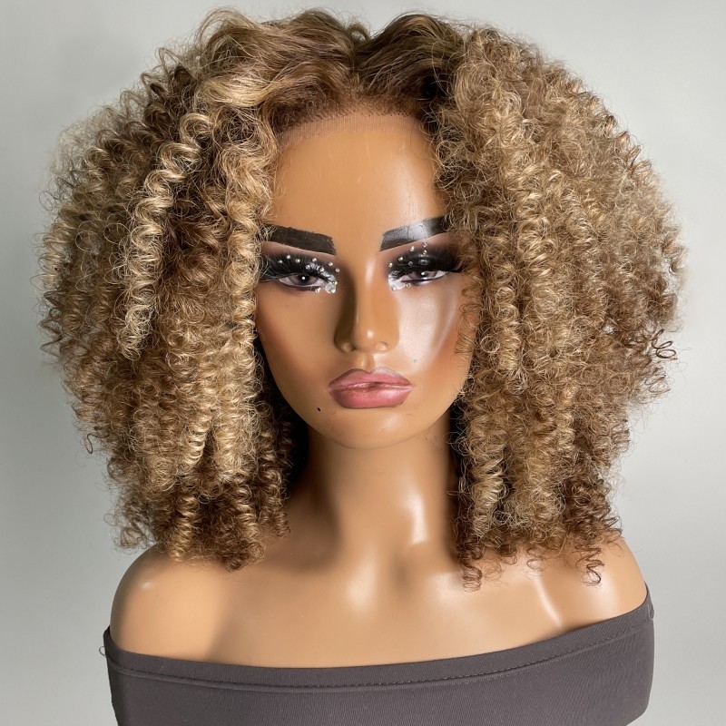 Julia PreCut Human Hair Afro Kinky Curly Wigs Short Blonde Highlight