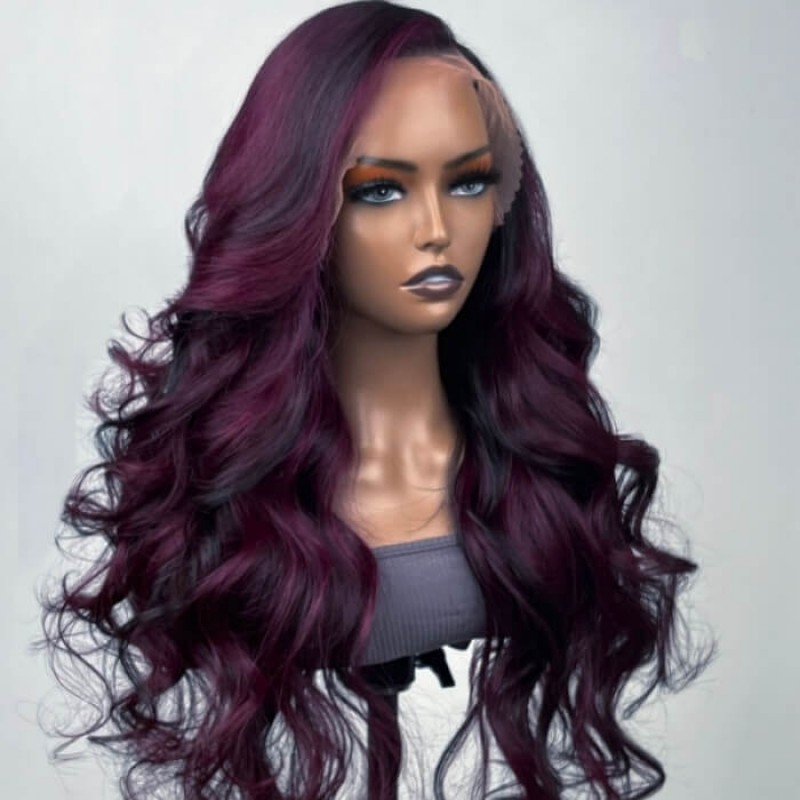 Julia Hair Dark Purple Loose Wave Colored Wig Purple Balayage highlights Lace Front Wigs Julia