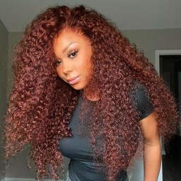 Julia Reddish Brown Color Jerry Curly 13x4 Lace Frontal Wig Human Hair 150% Density