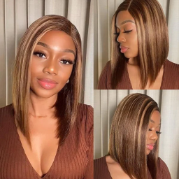 Julia Rich Brown Highlight Bob Wig Middle Part T Part Bob Wig Human Hair Straight Bob Wig