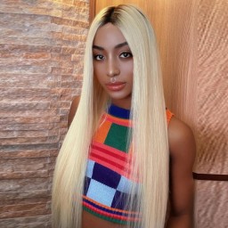 Julia T4613 Blonde Color 13x4 Lace Front Wig With Dark Brown Roots Glueless Transparent Lace Straight Human Hair Wigs