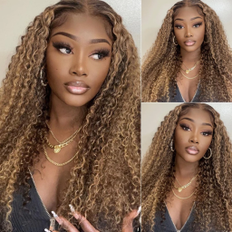 Julia Affordable 13x4 Lace Honey Blonde Ombre Color Highlight 150% Density Invisible Pre Plucked Curly Wig For Flash Sale