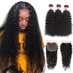 Julia Virgin Jerry Curly Malaysian Hair Weave 3 Bundles with Lace Closure