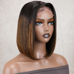 Julia Hair Ombre Highlight Bob Wig Straight Bob Wig With Brown Highlight T Part Lace Wig