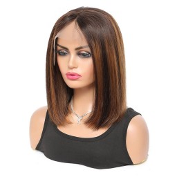 Julia Rich Brown Highlight Bob Wig Middle Part T Part Bob Wig Human Hair Straight Bob Wig