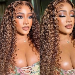 Julia Hair Affordable Piano Brown Highlight Curly Wig Honey Blonde Lace Front Wig Glueless Human Hair Wigs 150% Density