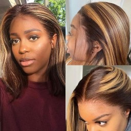 Julia Blonde Highlight Bob Wig Human Hair Straight T part Lace Bob Wig 4/27 Piano Color Ombre Honey Brown wig
