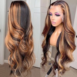 Julia Affordable Balayage Highlights 13X4 Lace Front Wig 150% Density Body Wave Transparent Lace Human Hair Wigs