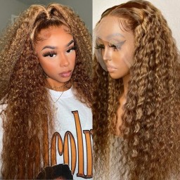 Julia Affordable Honey Blonde Highlights 13X4 Lace Front Wig 150% Density Jerry Curly Transparent Lace Human Hair Wigs