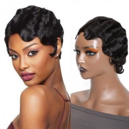 Julia Short Finger Wave Short Hair Human Hair Wigs Curly Pixie Cut Black Color For Woman