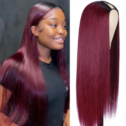 Julia V Part Straight Ombre Burgundy Wigs Upgrade U Part Glueless Human Hair Wigs With Dark Root 150% Density