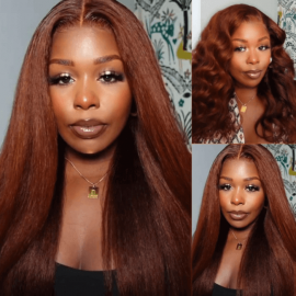 Julia Affordable Auburn Brown Color Kinky Straight Wigs 13X4 Lace Front Human Hair Wig