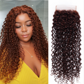Julia Dark Auburn Jerry Curly 4x4 Swiss Lace Closure Reddish Brown Color 100% Human Hair One Piece
