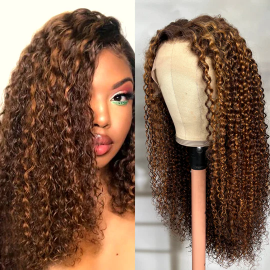 Julia Affordable Piano Brown Highlight Curly Wig Honey Blonde Lace Front Wig Glueless Human Hair Wigs 150% Density