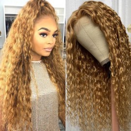 Julia Honey Blonde 13x4 Lace Front Wig Water Wave Human Hair Wig Light Brown Color Wig 150% Density