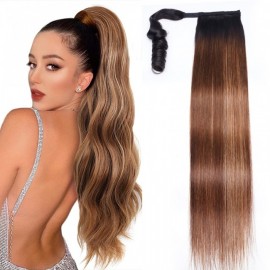 Julia 1B/412 Brown Ombre Clip In Straight Ponytail Hair Extensions Wrap Around