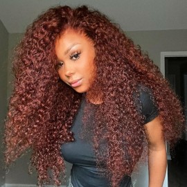 Julia Reddish Brown Color Jerry Curly 13x4 Lace Frontal Wig Human Hair 150% Density