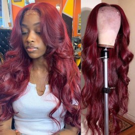 Julia Affordable 99J Burgundy Color Body Wave 13x4 Lace Front Wig Pre Plucked Human Hair