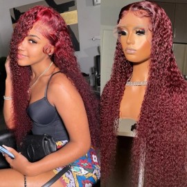 Julia Jerry Curly 13x4 Lace Front Human Hair Wigs Colored 99J Burgundy Wigs Pre Plucked Red Wine Wigs WIth Baby Hair