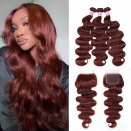 Julia Hair Reddish Brown Virgin Hair Body Wave 3 Bundles With Lace Closure 33B Auburn Color Human Hair Weave