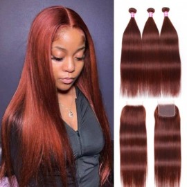 Julia Reddish Brown Virgin Hair Straight 3 Bundles With Lace Closure 33B Auburn Color Human Hair Weave