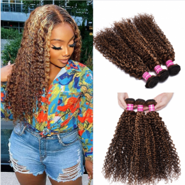 Julia Jerry Curly Rich Brown Color Bundles Honey Blonde Highlight 3pcs Bundles Soft Virgin Human Hair Extension