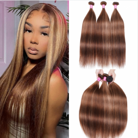 Julia Straight Honey Blonde Highlights Color Bundles Rich Brown 3pcs Bundles Soft Virgin Human Hair Extension