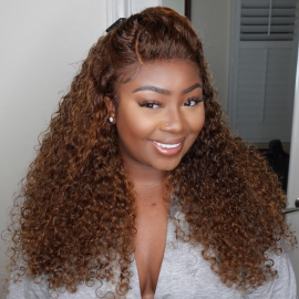 Julia Affordable Piano Brown Highlight Curly Wig Honey Blonde Lace Front Wig Glueless Human Hair Wigs 150% Density