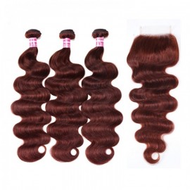 Julia Hair Reddish Brown Virgin Hair Body Wave 3 Bundles With Lace Closure 33B Auburn Color Human Hair Weave