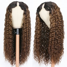 Julia Glueless Water Wave V Part Wigs Wet and Wavy Upgrade U Part Dark Roots Ginger Brown Human Hair