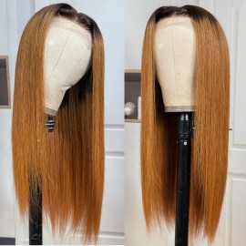 Julia Bone Straight 5x5 HD Glueless Undetectable Lace Closure Wig Brown Roots Ginger Color Human Hair