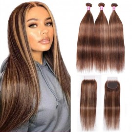 Julia Hair Straight 3 Bundles With Lace Closure Honey Blonde Highlight Color Human Hair Weave
