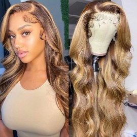Julia Hair Transparent 13x4 Body Wave Honey Blonde Ombre Color Highlight Wigs For Women