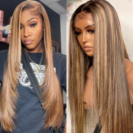 Julia Highlight Wig Ombre Color Straight Wave 13x4 Lace Wigs Invisible Pre Plucked Lace Front Highlight Wigs 150% Density