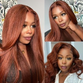 Julia Hair Affordable Kinky Straight Reddish Brown Lace Part Wig 13x5x1 T Part Hand Tied Human Hair Wigs