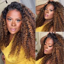 Julia Affordable Dark Roots Blonde Highlight Balayage Curly Hair 4x4 Lace Closure 150% Density Human Hair Wigs For Women