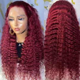 Julia Hair Affordable 13X4 Deep Wave Lace Frontal Wig 99J Burgundy Colored Lace Front Human Hair Wigs for Women
