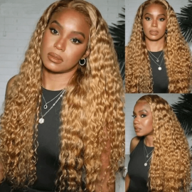 Julia Hair Honey Blonde 13x4 Lace Front Wig Water Wave Human Hair Wigs Light Brown Color Wig 150% Density