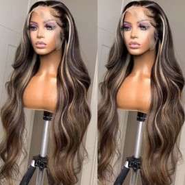 Julia Hair 13x4 Chocolate Brown With Peek A Boo Blonde Highlights Lace Frontal Wigs Body Wave Wig Beyoncé Inspired 180% Density