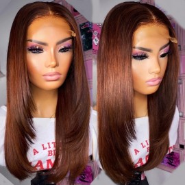 Julia Feathered Layered Cut Reddish Brown 13x4 Lace Front Straight Human Hair Wig