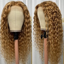 Julia Honey Blonde 13x4 Lace Front Wig Water Wave Human Hair Wig Light Brown Color Wig 150% Density