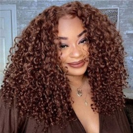 Julia Reddish Brown Color Jerry Curly 13x4 Lace Frontal Wig Human Hair 150% Density