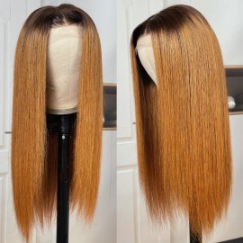 Julia Bone Straight 5x5 HD Glueless Undetectable Lace Closure Wig Brown Roots Ginger Color Human Hair