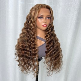 Julia Honey Blonde 13x4 Lace Front Deep Wave Wig Brown Highlights Piano Human Hair Wig