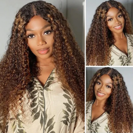 Julia Affordable Dark Roots Blonde Highlight Balayage Curly Hair 4x4 Lace Closure 150% Density Human Hair Wigs For Women