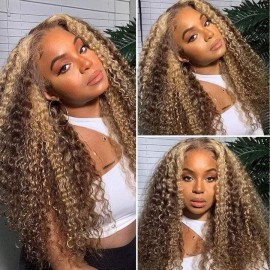 Julia Hair Affordable Ombre Highlight Jerry Curly 13x5 T Middle Part Lace Front Wigs Bouncy 100% Virgin Human Hair Wigs