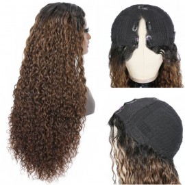 Julia Glueless Water Wave V Part Wigs Wet and Wavy Upgrade U Part Dark Roots Ginger Brown Human Hair