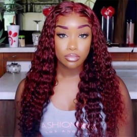 Julia Hair Affordable 13X4 Deep Wave Lace Frontal Wig 99J Burgundy Colored Lace Front Human Hair Wigs for Women